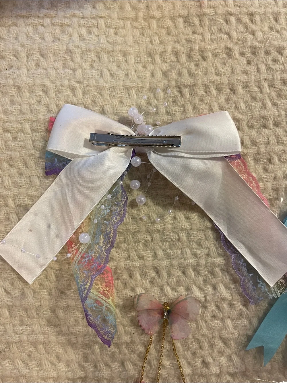 Rainbow Lace Bow Hair Clip with Pearl Accents